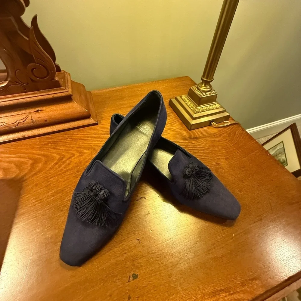 NWOT Stuart Weizmann blue black leather suede tassel loafers Size 9 - Picture 3 of 9